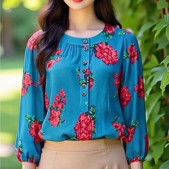 Anthropologie Maeve NWOT Kalas Teal Henley Floral Woven Blouse Size Medium - Picture 7 of 8